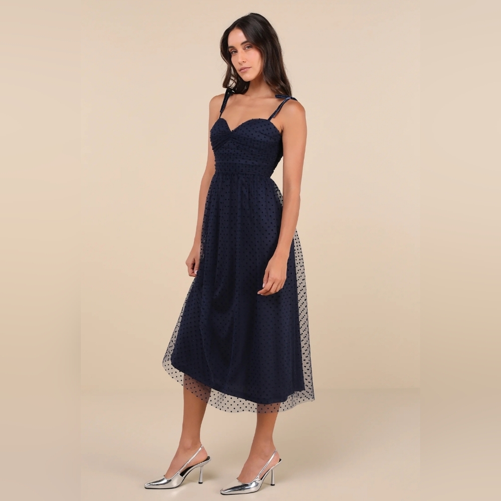 NWT Lulus Spotted by You Navy Blue Polka Dot Velvet Tie-Strap Midi Dress Size XS